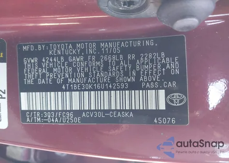 2006 Toyota Camry Se from USA, damaged, VIN 4T1BE30K16U142593
